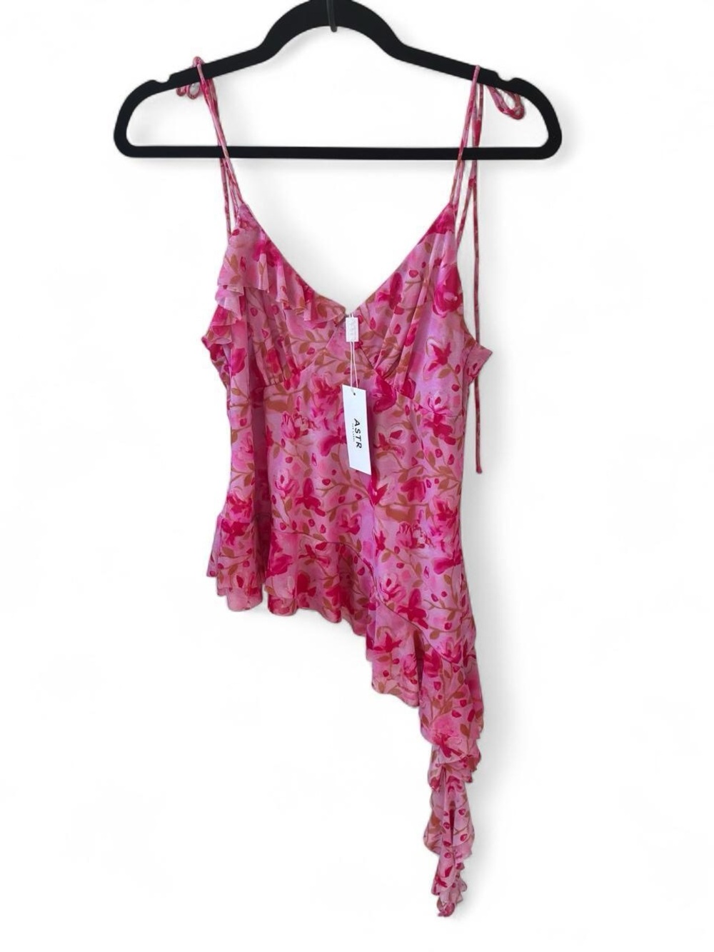 NWT ASTR The Label Mejra Top Fuchsia Pink Floral Ruffle Asymmetrical Size Large